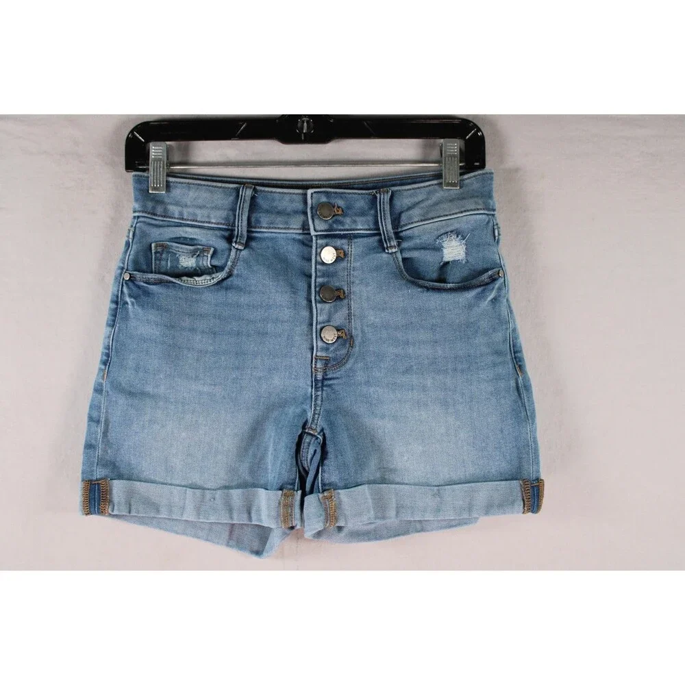 Nine West Women Mid Rise Denim Shorts Light Wash Exposed Button Fly Stretch 4